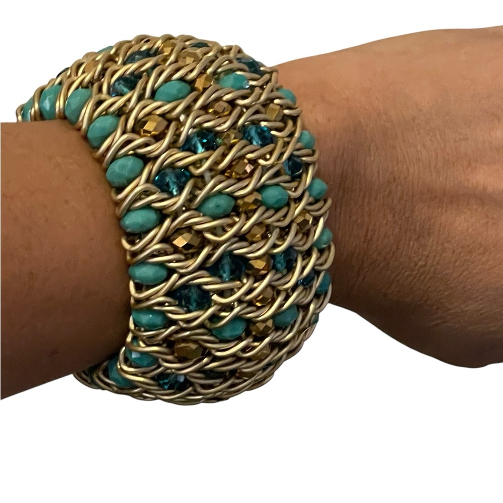 Wide Goldtone Wired Stretch Bracelet with Beads